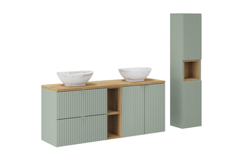 Zestaw meblowy 140cm z blatem, 2 umywalkami nablatowymi Pati i szafką wysoką Line Reed Green – SET-LRG B OAK 140CM UN PATI WH HC LR