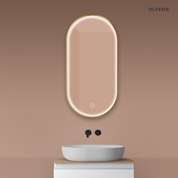 Oltens Nordlis lustro 50x100 cm owalne  z oświetleniem z przodu z matą grzewczą złoto szczotkowane 64128810