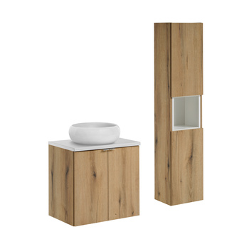 Zestaw meblowy 60cm z blatem, umywalką nablatową Wiki i szafką wysoką Nova Oak – set-noa b white 60cm d un wiki sw hc