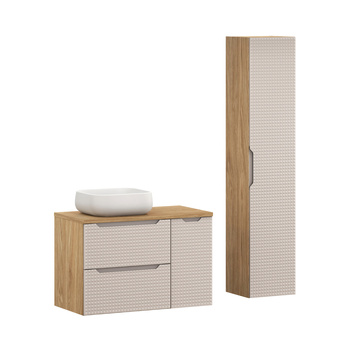 Zestaw meblowy 90cm z blatem, umywalką nablatową Nika i szafką wysoką Luxor Beige – set-lxb b 90cm s un nika wh hc1d