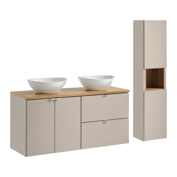 Zestaw meblowy 120cm z blatem, 2 umywalkami nablatowymi Lola i szafką wysoką Viva Cashmere – set-vic b oak 120cm d/s un lola gw hc