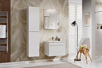 Zestaw meblowy 60cm z blatem, umywalką nablatową Wiki, szafką wysoką i lustrem Iconic White – SET ICW-SKY 60 CM A01