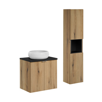 Zestaw meblowy 60cm z blatem, umywalką nablatową Wiki i szafką wysoką Nova Oak – set-noa b black 60cm d un wiki sw hc