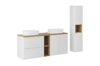 Zestaw meblowy 140cm z blatem, 2 umywalkami nablatowymi Beyond i szafką wysoką Nova White – SET-NOW B OAK 140CM UN BEYOND WH HC LR