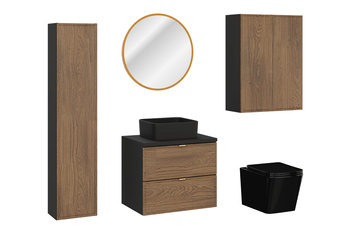 Zestaw meblowy 60cm z blatem, umywalką nablatową Slim, szafką wysoką, lustrem LED i misą wiszącą WC Talia Casella – set-tc b black 60cm un slim bl hc