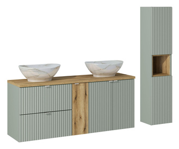 Zestaw meblowy 140cm z blatem, 2 umywalkami nablatowymi Pati i szafką wysoką Line Reed Green – SET-LRG B OAK 140CM UN PATI HC