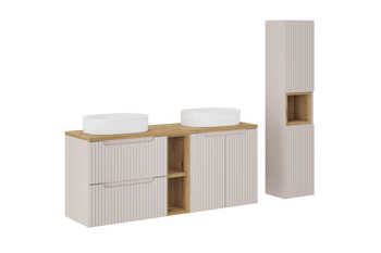 Zestaw meblowy 140cm z blatem, 2 umywalkami nablatowymi Beyond i szafką wysoką Nova Cashmere – SET-NOC B OAK 140CM UN BEYOND WH HC LR