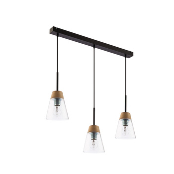 DOMINO nowoczesny zwis 3-punktowy klosz przezroczysty drewno naturalne 1545