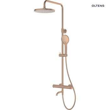 Oltens Vatten Numa zestaw wannowo-prysznicowy ścienny z baterią termostatyczną i deszczownicą miedź szczotkowana 36507610