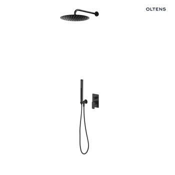 Zestaw Oltens Hadsel bateria wannowo-prysznicowa podtynkowa z deszczownicą 30 cm Vindel i kompletem prysznicowym Ume czarny mat 36625300