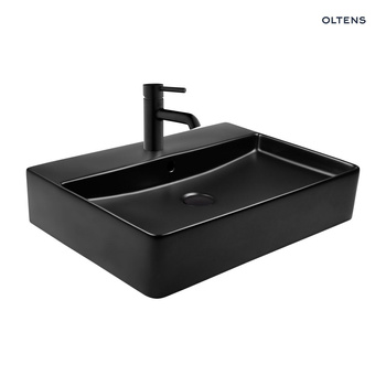 Oltens Duve umywalka 59x43,5 cm nablatowa prostokątna z powłoką SmartClean czarny mat 41800300