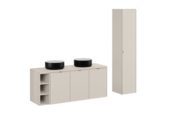 Zestaw meblowy 140cm z blatem, dwoma umywalkami nablatowymi Simple i szafką wysoką Bella Cashmere – set-bc b cashmere 140cm un simple hc1d