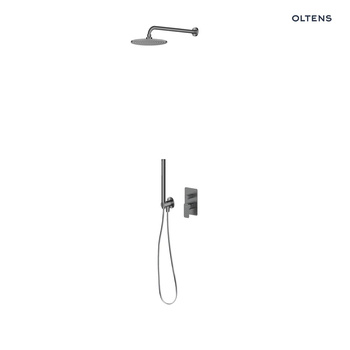 Zestaw Oltens Hadsel bateria wannowo-prysznicowa podtynkowa z deszczownicą 30 cm Vindel i kompletem prysznicowym Ume grafit 36625400