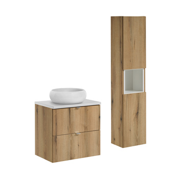 Zestaw meblowy 60cm z blatem, umywalką nablatową Wiki i szafką wysoką Nova Oak – set-noa b white 60cm s un wiki sw hc